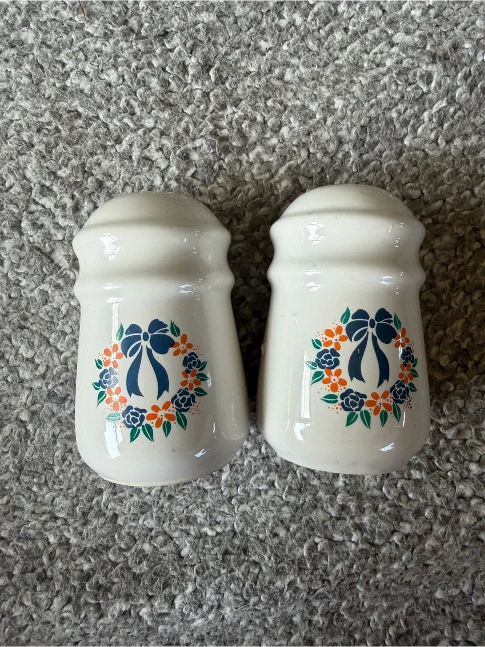 White Stoneware Salt & Pepper Shakers with Blue Floral Wreath